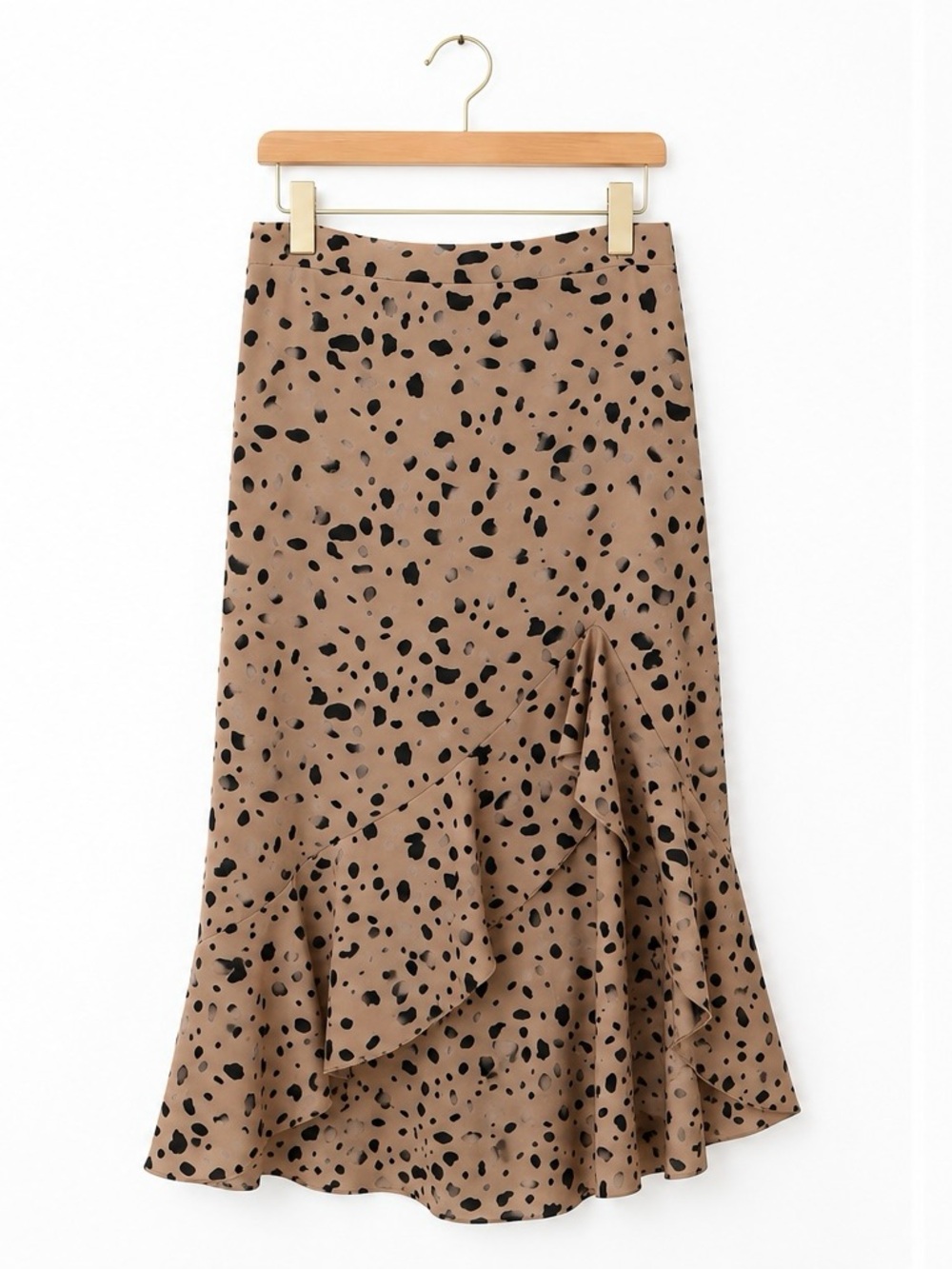 Animal Print Ruffle Midi Skirt Beige Black Flowy Size S